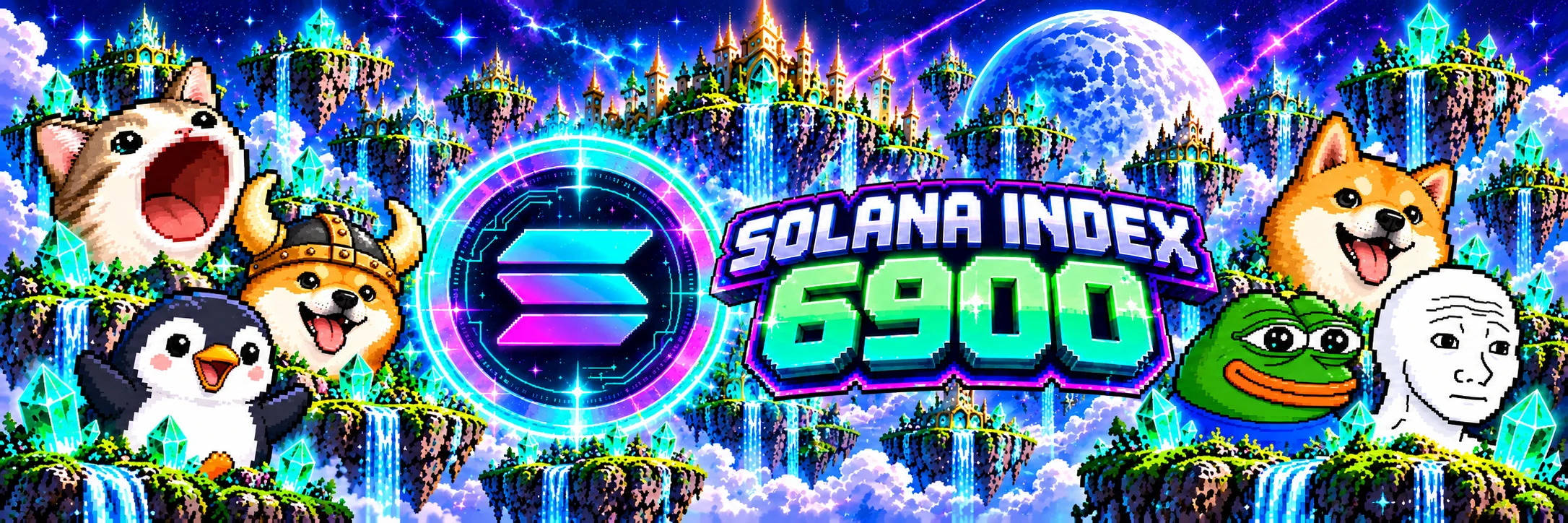 Solana Index 6900 — pixel art memes around the Solana logo