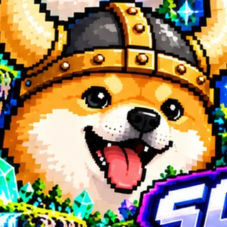 Pixel art shiba in a viking helmet